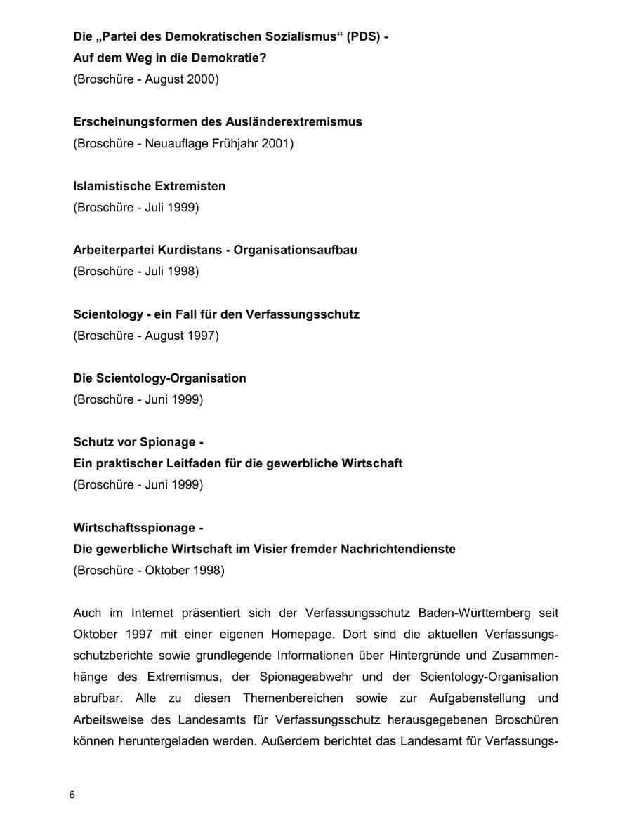 Seite 6 des Verfassungsschutzbericht 2000 Baden-Württemberg