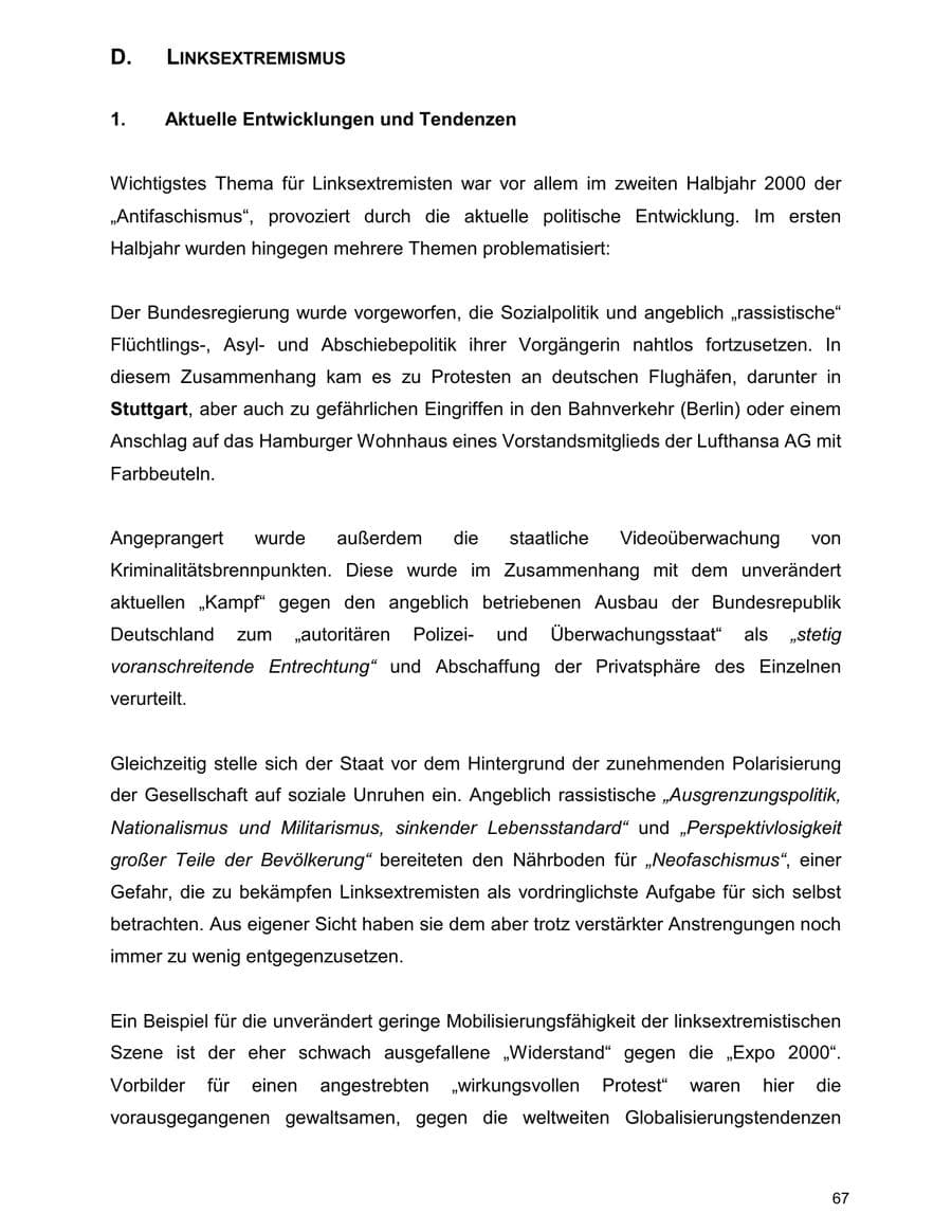 Seite 67 des Verfassungsschutzbericht 2000 Baden-Württemberg