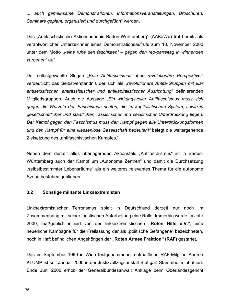 Seite 76 des Verfassungsschutzbericht 2000 Baden-Württemberg
