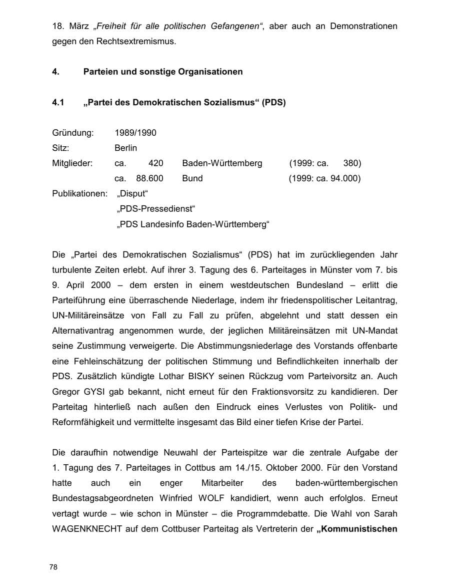 Seite 78 des Verfassungsschutzbericht 2000 Baden-Württemberg