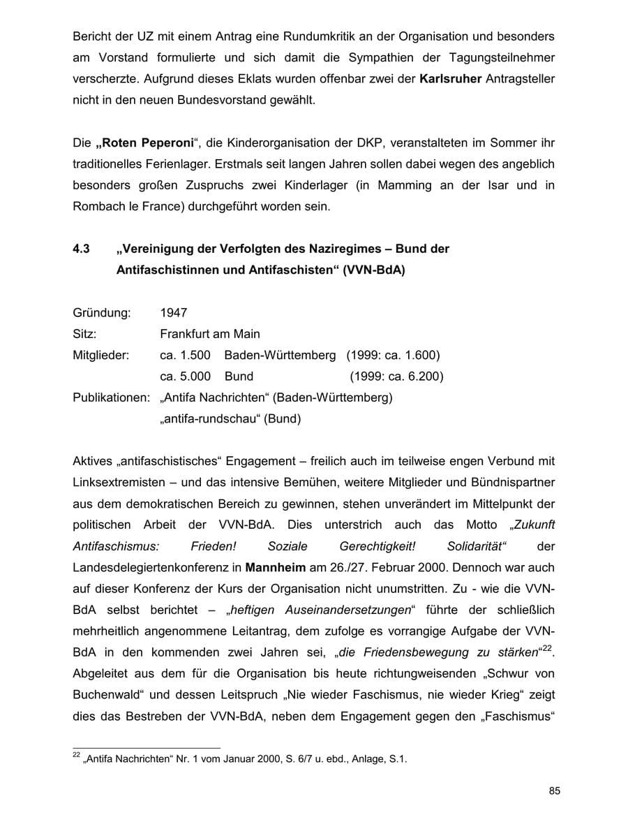 Seite 85 des Verfassungsschutzbericht 2000 Baden-Württemberg
