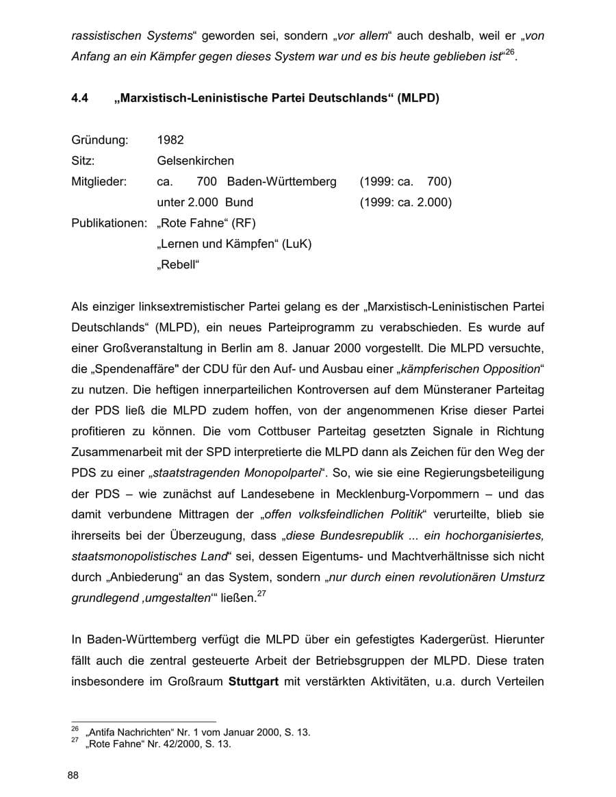 Seite 88 des Verfassungsschutzbericht 2000 Baden-Württemberg