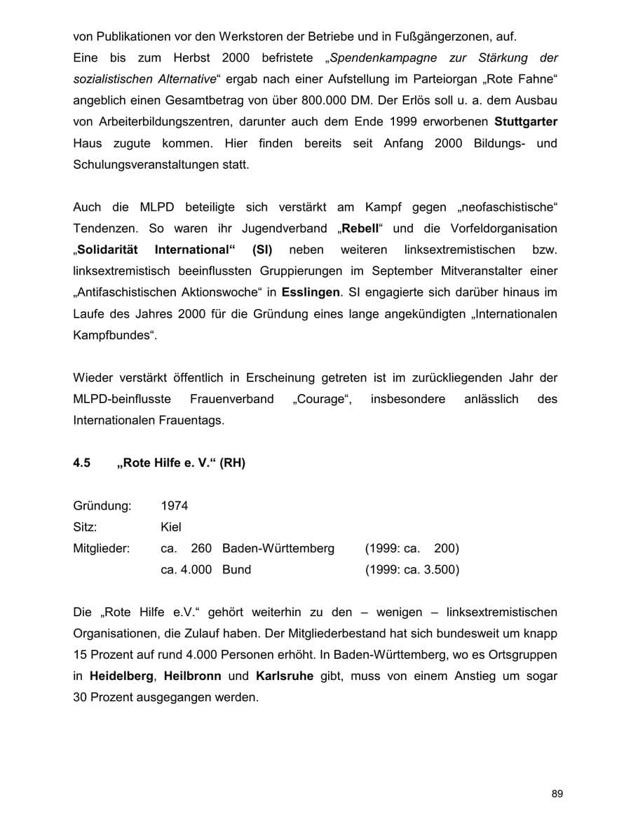 Seite 89 des Verfassungsschutzbericht 2000 Baden-Württemberg