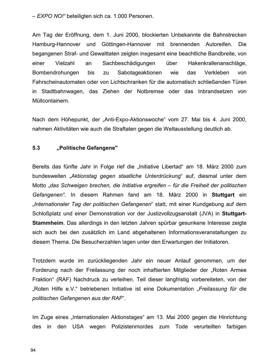 Seite 94 des Verfassungsschutzbericht 2000 Baden-Württemberg