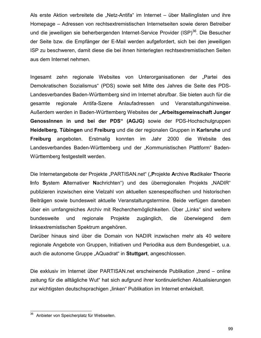 Seite 99 des Verfassungsschutzbericht 2000 Baden-Württemberg