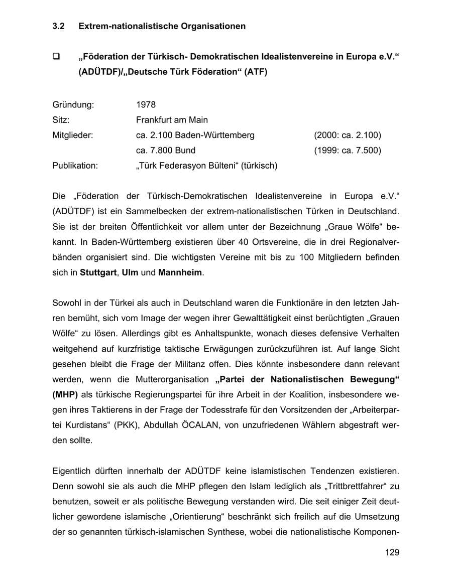 Seite 129 des Verfassungsschutzbericht 2001 Baden-Württemberg