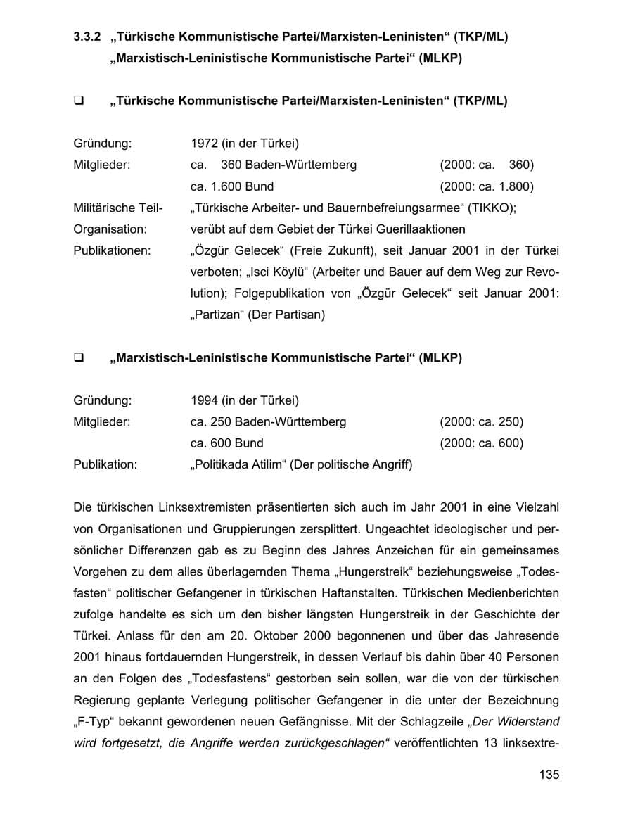 Seite 135 des Verfassungsschutzbericht 2001 Baden-Württemberg