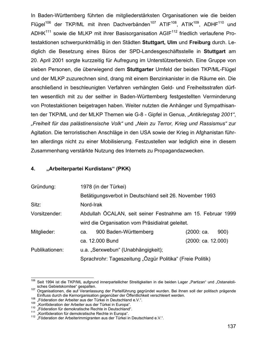 Seite 137 des Verfassungsschutzbericht 2001 Baden-Württemberg