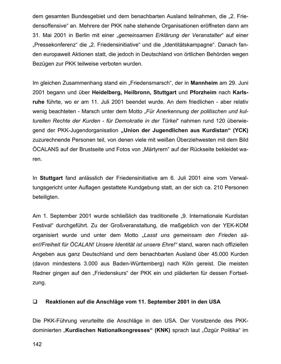 Seite 142 des Verfassungsschutzbericht 2001 Baden-Württemberg