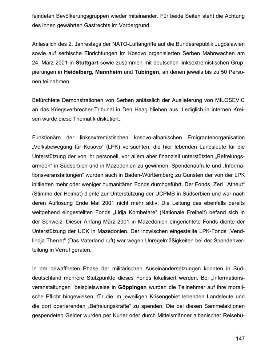 Seite 147 des Verfassungsschutzbericht 2001 Baden-Württemberg