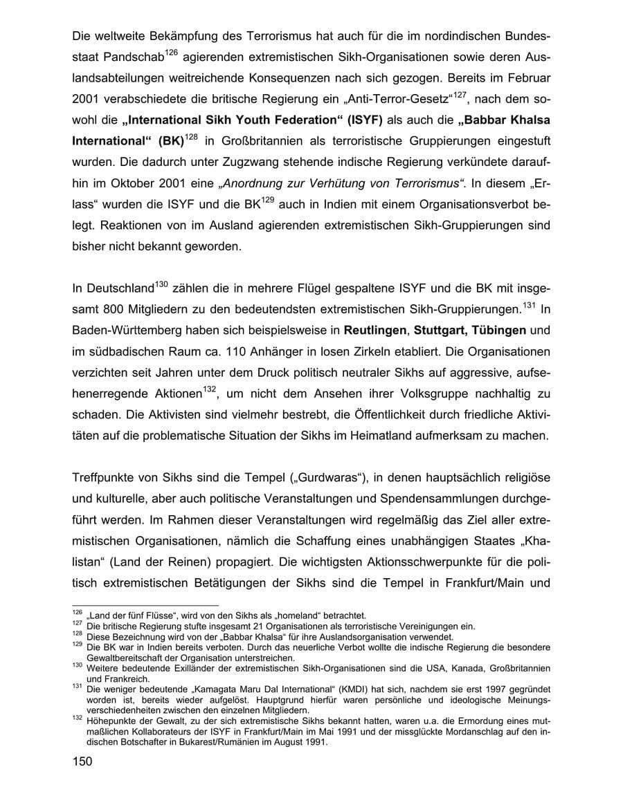 Seite 150 des Verfassungsschutzbericht 2001 Baden-Württemberg