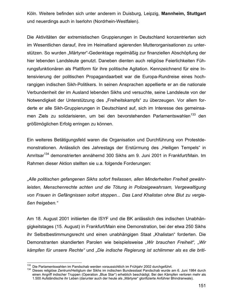 Seite 151 des Verfassungsschutzbericht 2001 Baden-Württemberg