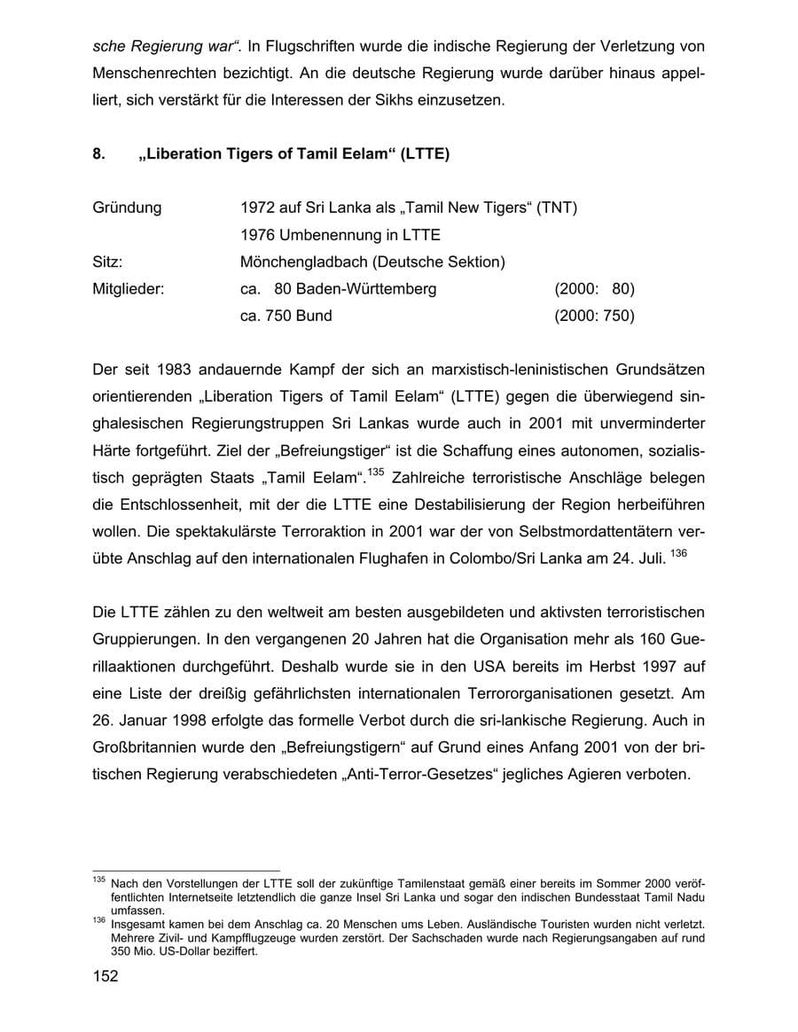 Seite 152 des Verfassungsschutzbericht 2001 Baden-Württemberg