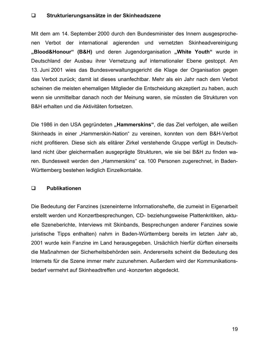 Seite 19 des Verfassungsschutzbericht 2001 Baden-Württemberg