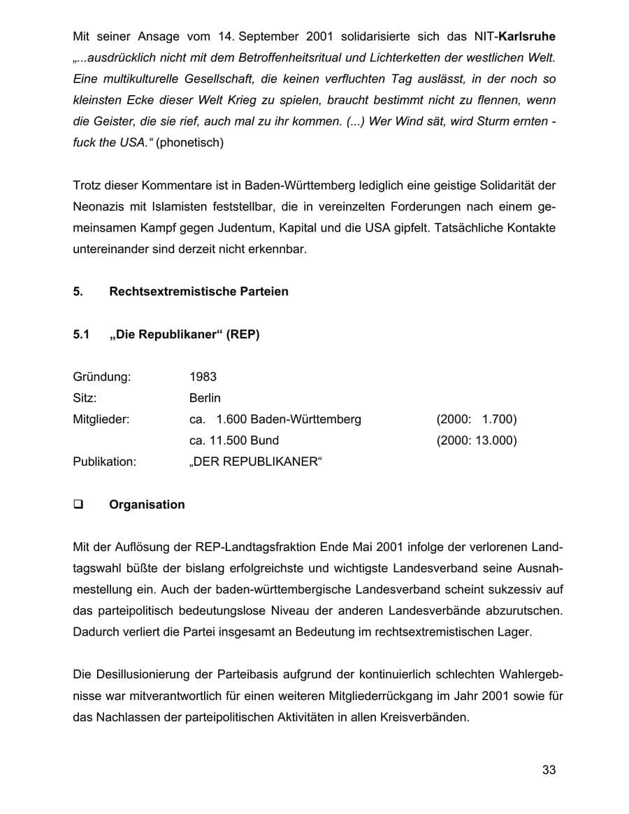 Seite 33 des Verfassungsschutzbericht 2001 Baden-Württemberg