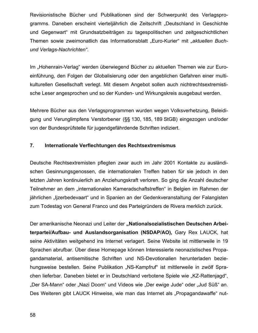 Seite 58 des Verfassungsschutzbericht 2001 Baden-Württemberg
