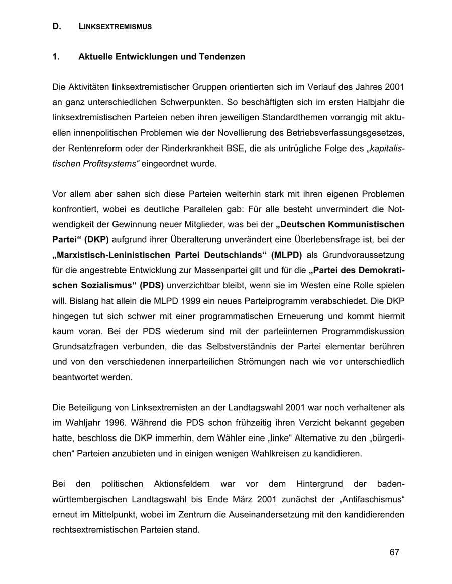 Seite 67 des Verfassungsschutzbericht 2001 Baden-Württemberg