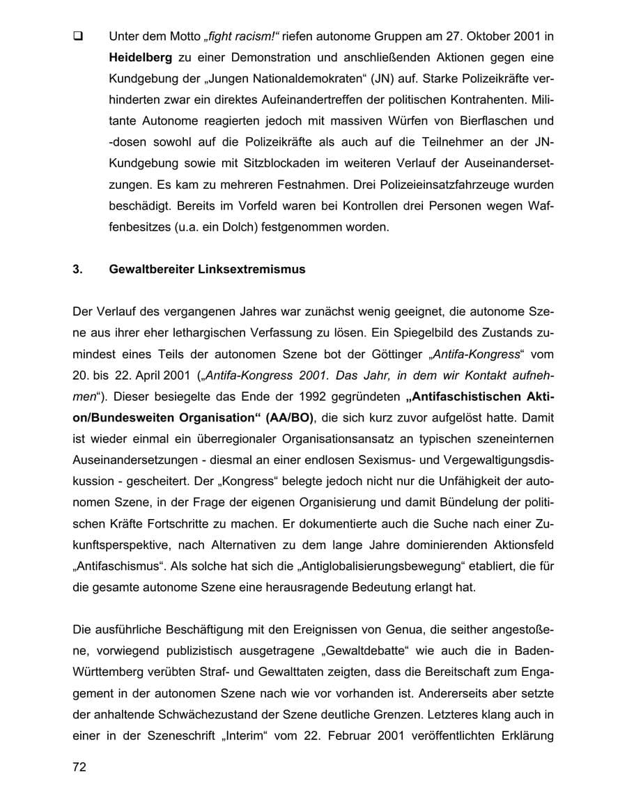Seite 72 des Verfassungsschutzbericht 2001 Baden-Württemberg