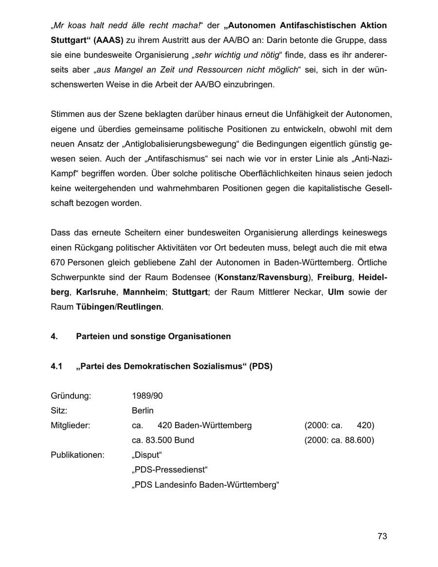 Seite 73 des Verfassungsschutzbericht 2001 Baden-Württemberg