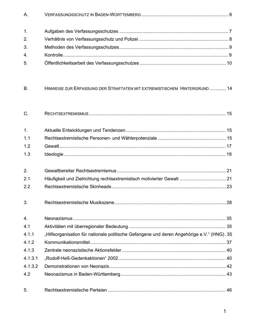 Seite 1 des Verfassungsschutzbericht 2002 Baden-Württemberg