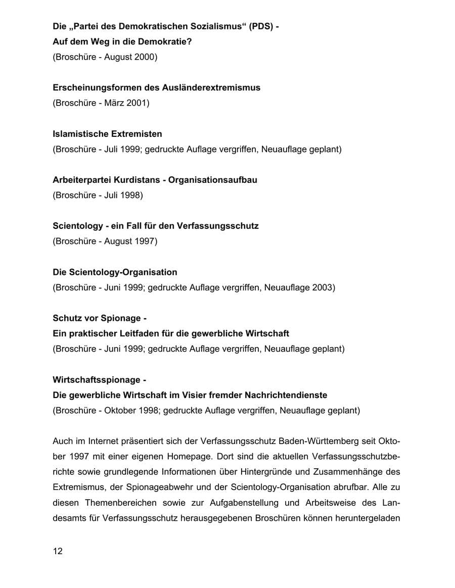 Seite 12 des Verfassungsschutzbericht 2002 Baden-Württemberg