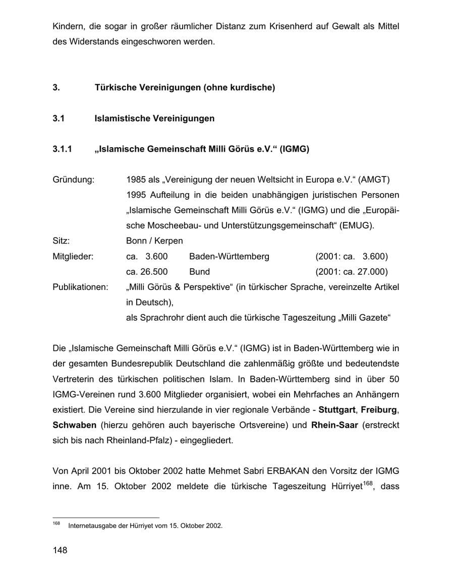 Seite 148 des Verfassungsschutzbericht 2002 Baden-Württemberg