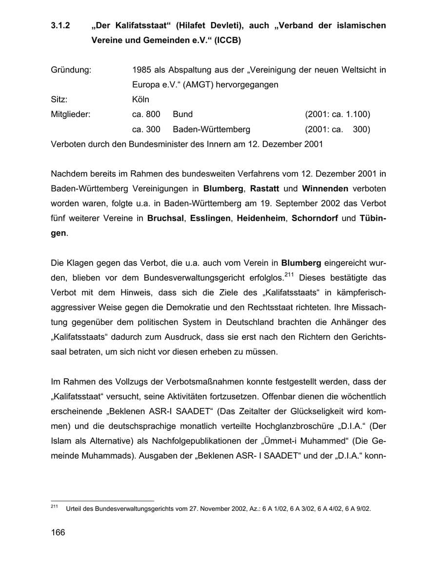 Seite 166 des Verfassungsschutzbericht 2002 Baden-Württemberg
