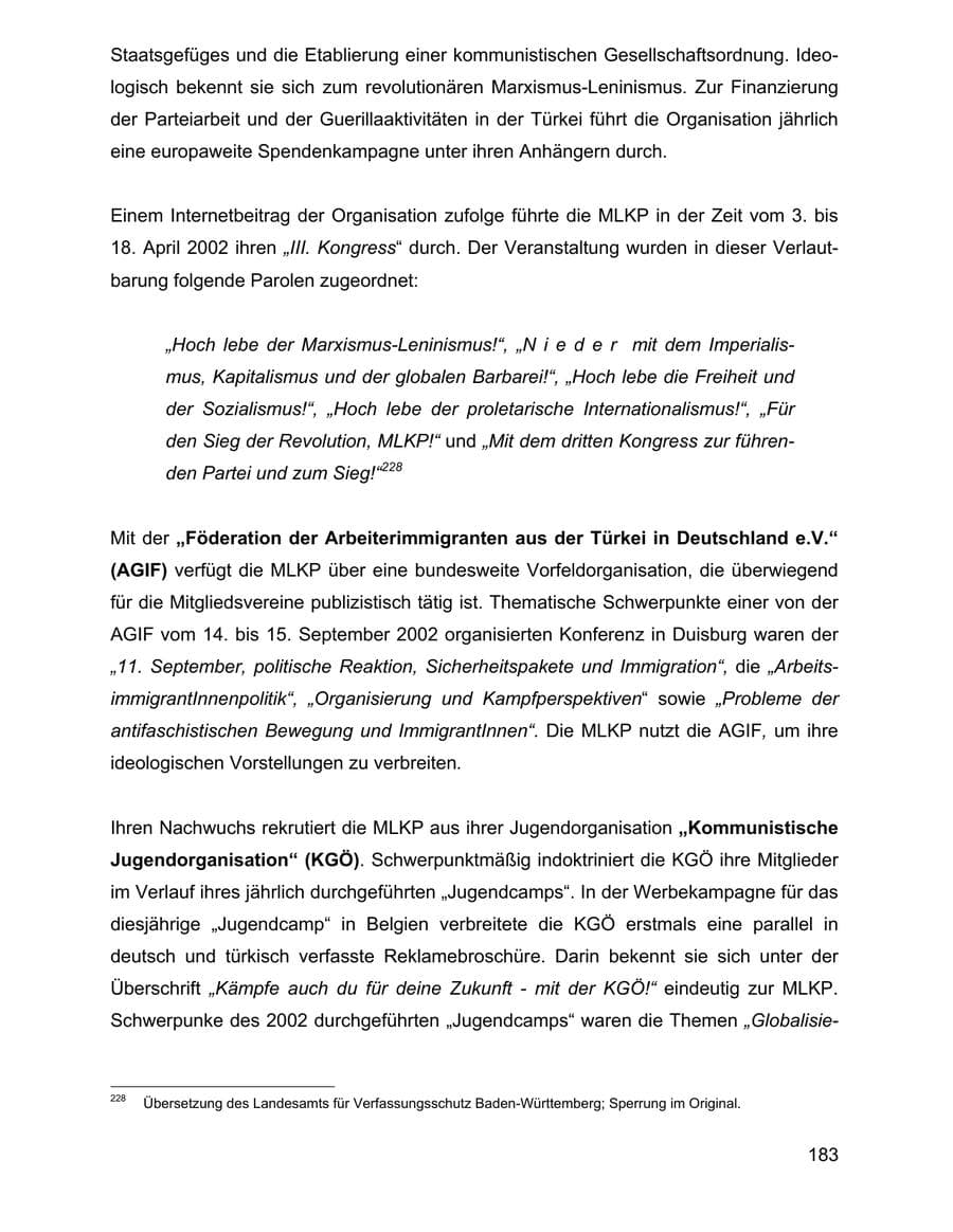Seite 183 des Verfassungsschutzbericht 2002 Baden-Württemberg