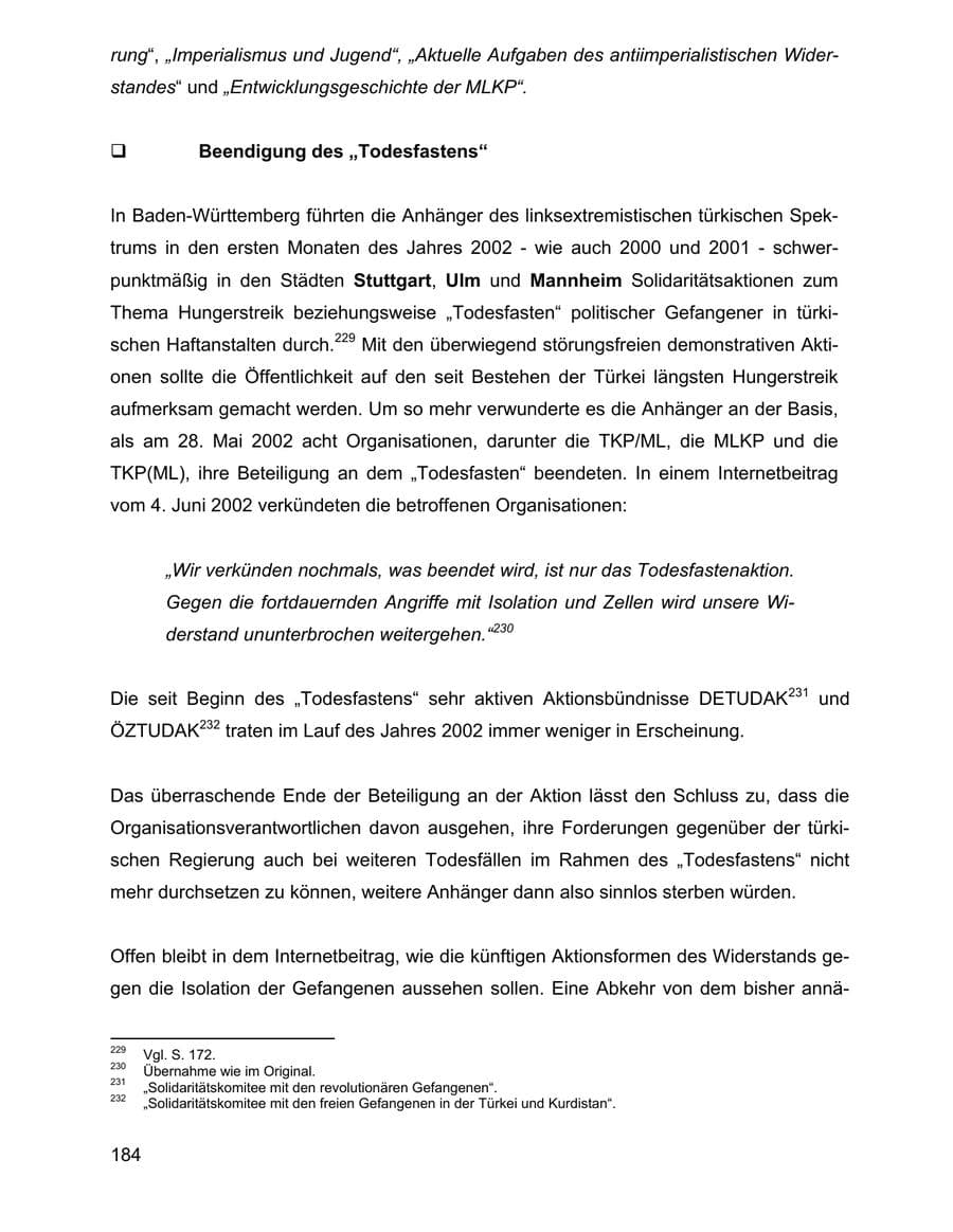 Seite 184 des Verfassungsschutzbericht 2002 Baden-Württemberg