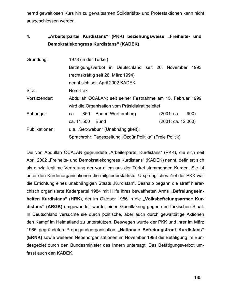Seite 185 des Verfassungsschutzbericht 2002 Baden-Württemberg