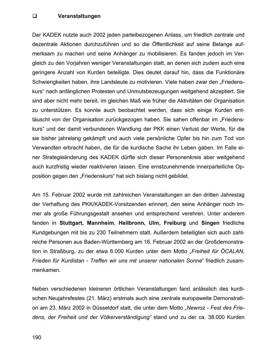 Seite 190 des Verfassungsschutzbericht 2002 Baden-Württemberg