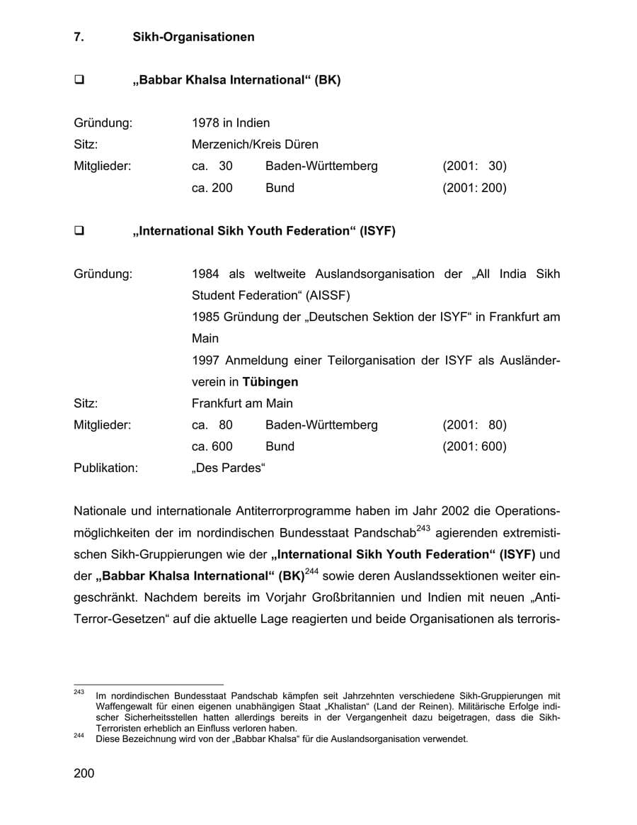 Seite 200 des Verfassungsschutzbericht 2002 Baden-Württemberg