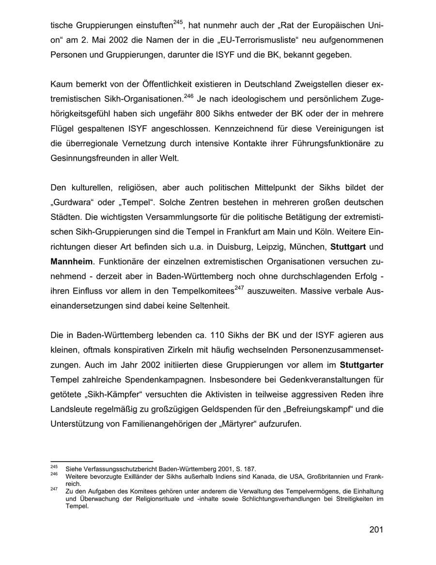 Seite 201 des Verfassungsschutzbericht 2002 Baden-Württemberg