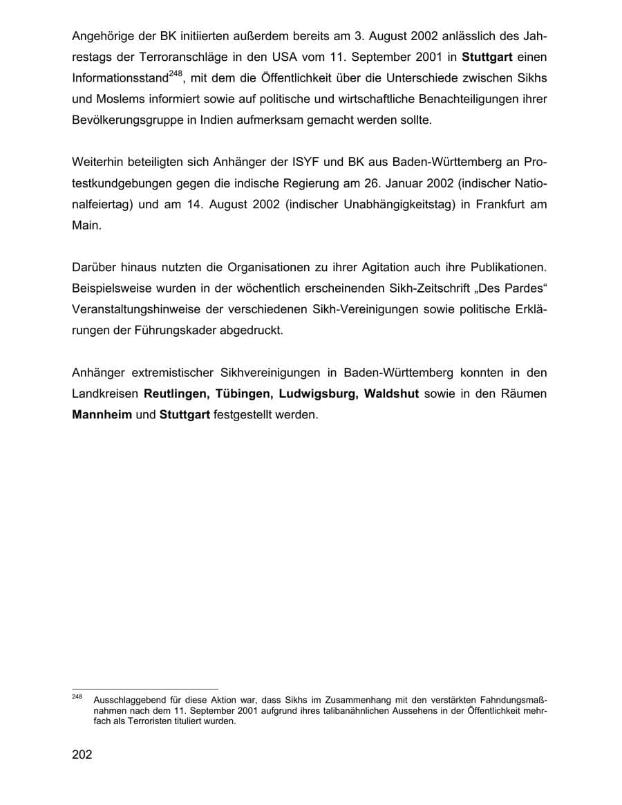 Seite 202 des Verfassungsschutzbericht 2002 Baden-Württemberg