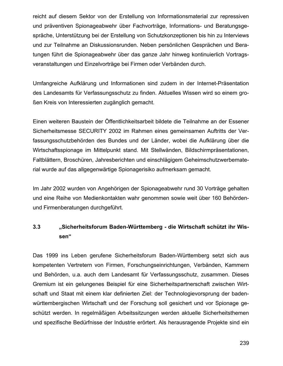 Seite 239 des Verfassungsschutzbericht 2002 Baden-Württemberg