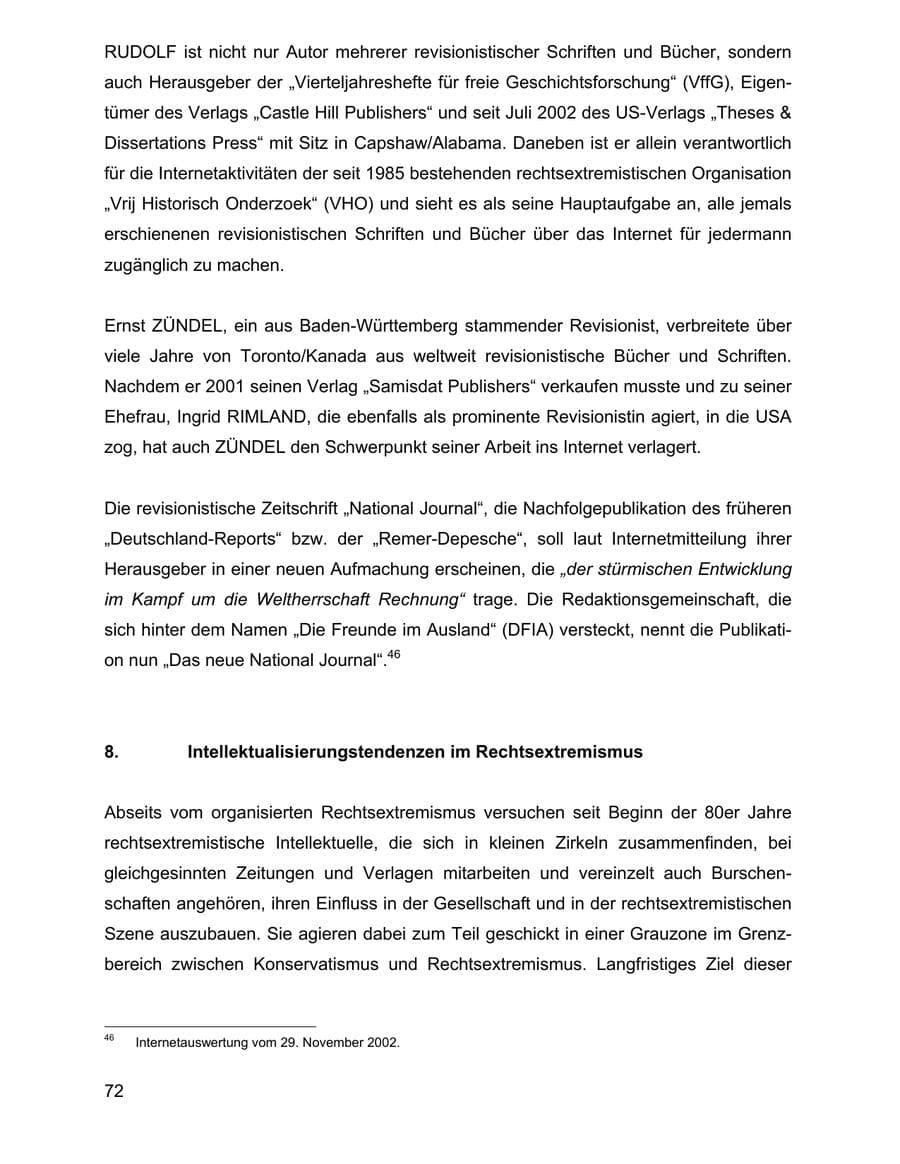 Seite 72 des Verfassungsschutzbericht 2002 Baden-Württemberg