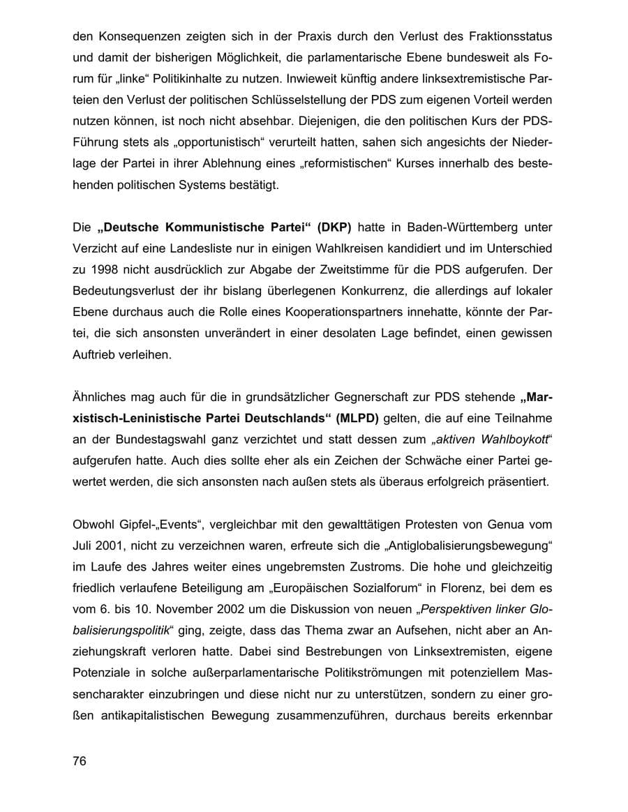 Seite 76 des Verfassungsschutzbericht 2002 Baden-Württemberg