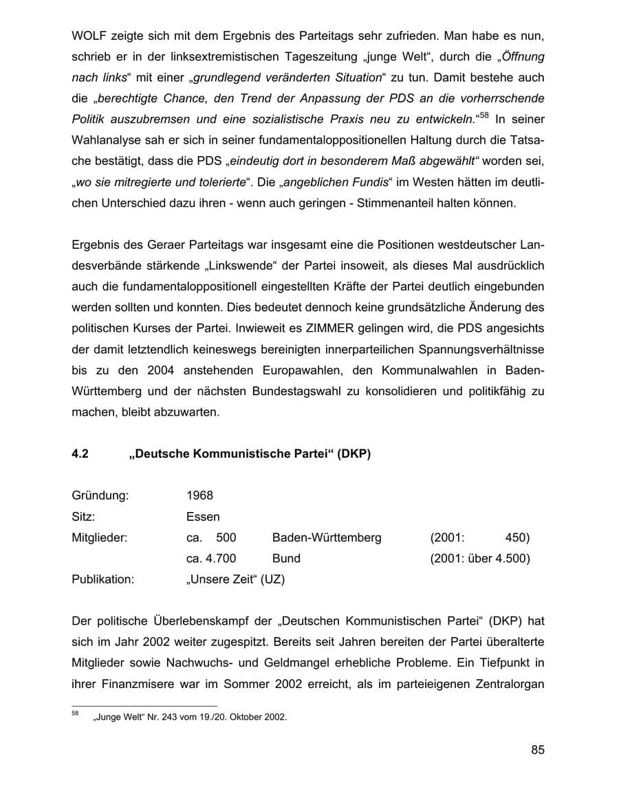 Seite 85 des Verfassungsschutzbericht 2002 Baden-Württemberg