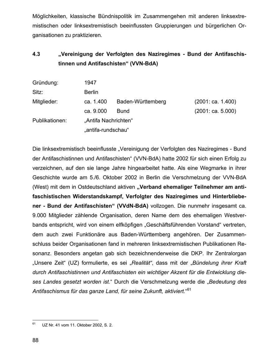 Seite 88 des Verfassungsschutzbericht 2002 Baden-Württemberg