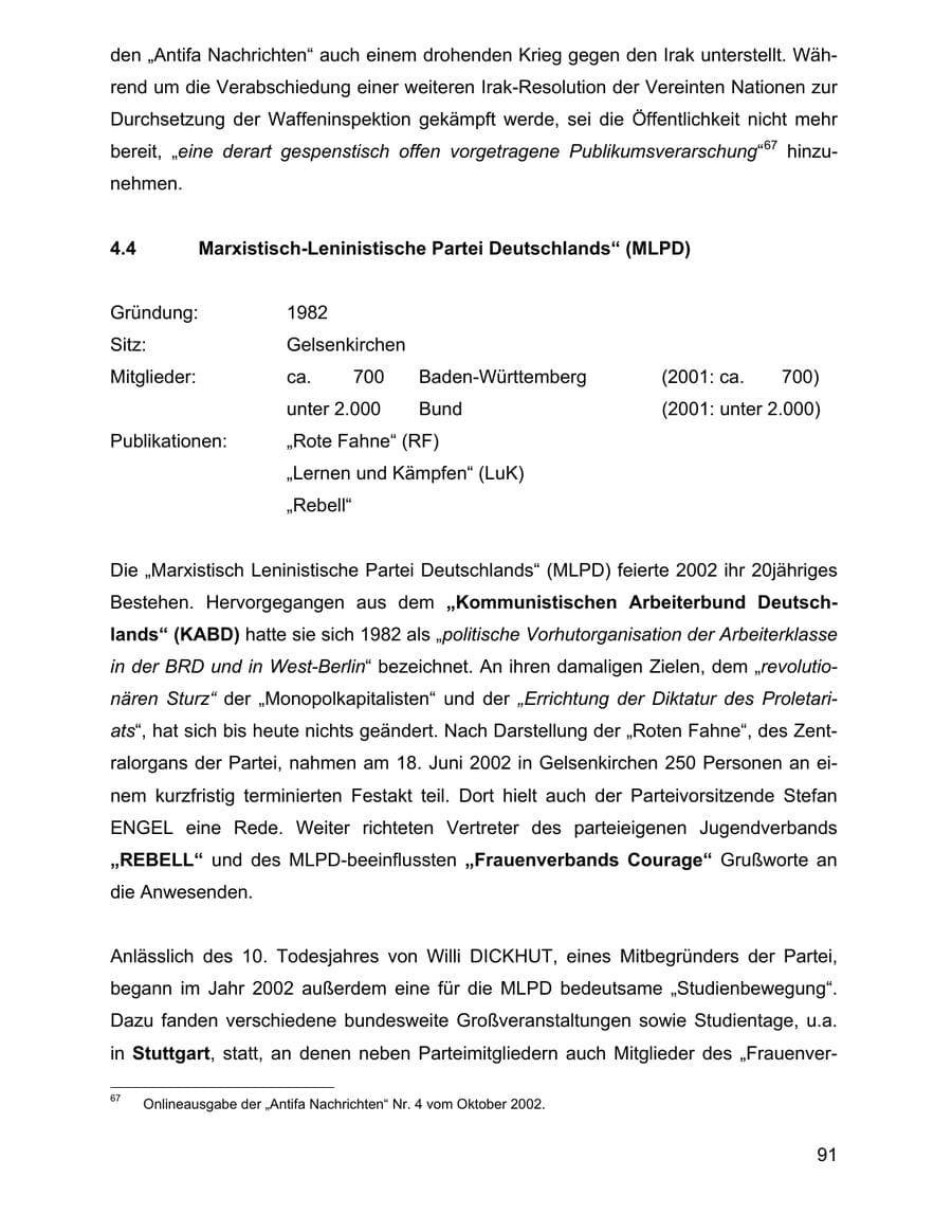 Seite 91 des Verfassungsschutzbericht 2002 Baden-Württemberg