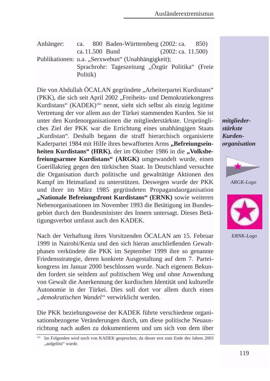 Seite 120 des Verfassungsschutzbericht 2003 Baden-Württemberg