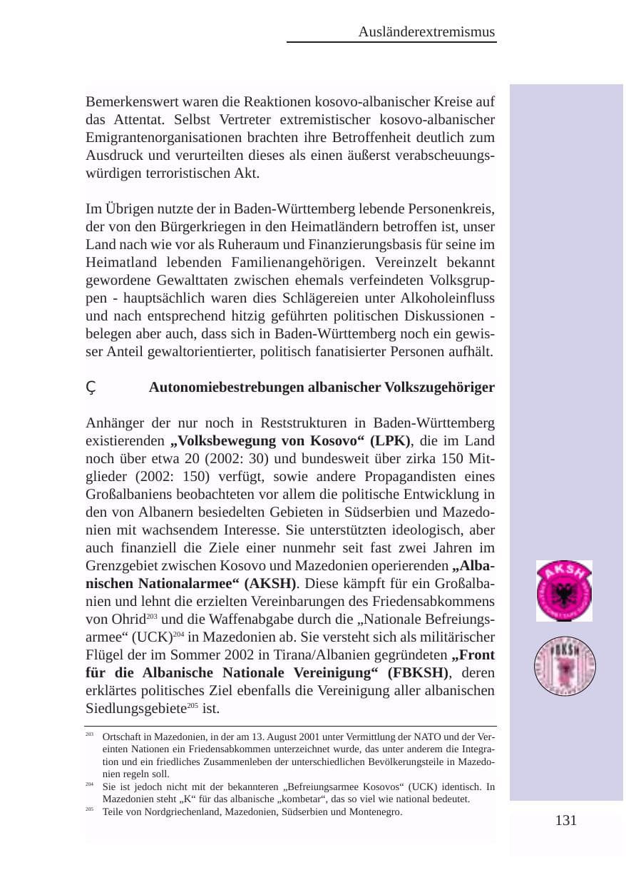 Seite 132 des Verfassungsschutzbericht 2003 Baden-Württemberg
