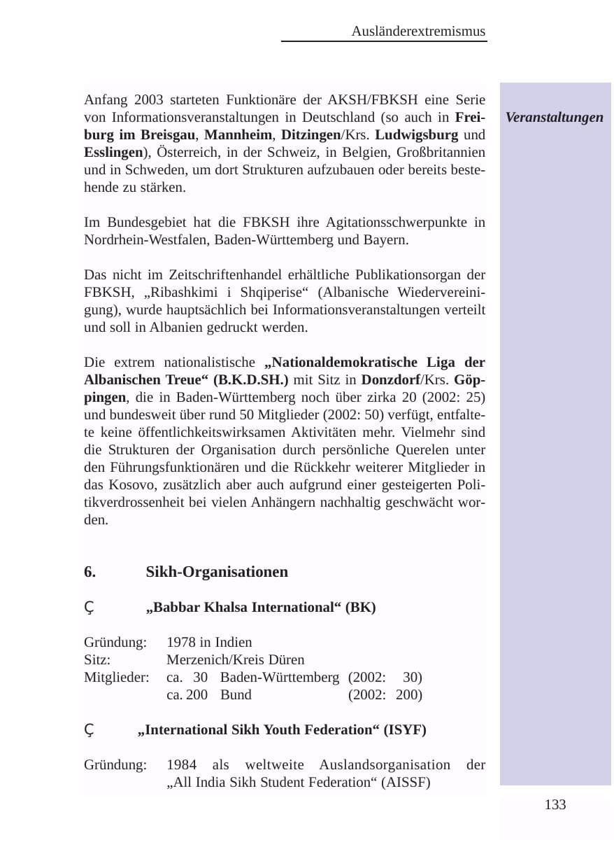 Seite 134 des Verfassungsschutzbericht 2003 Baden-Württemberg
