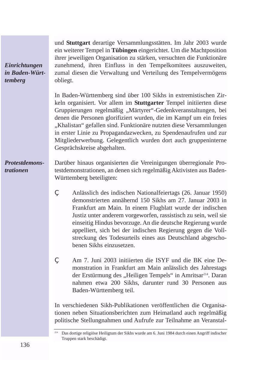 Seite 137 des Verfassungsschutzbericht 2003 Baden-Württemberg