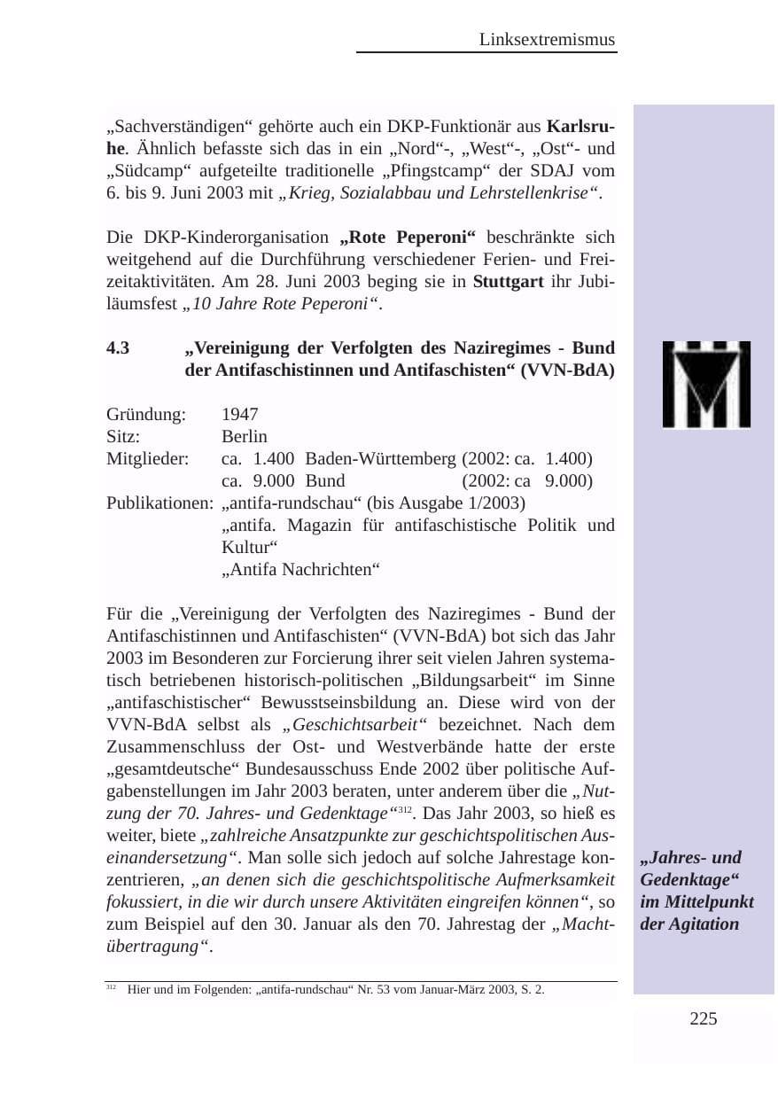 Seite 226 des Verfassungsschutzbericht 2003 Baden-Württemberg