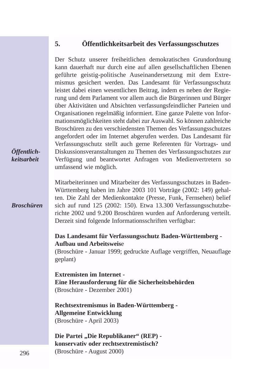 Seite 297 des Verfassungsschutzbericht 2003 Baden-Württemberg