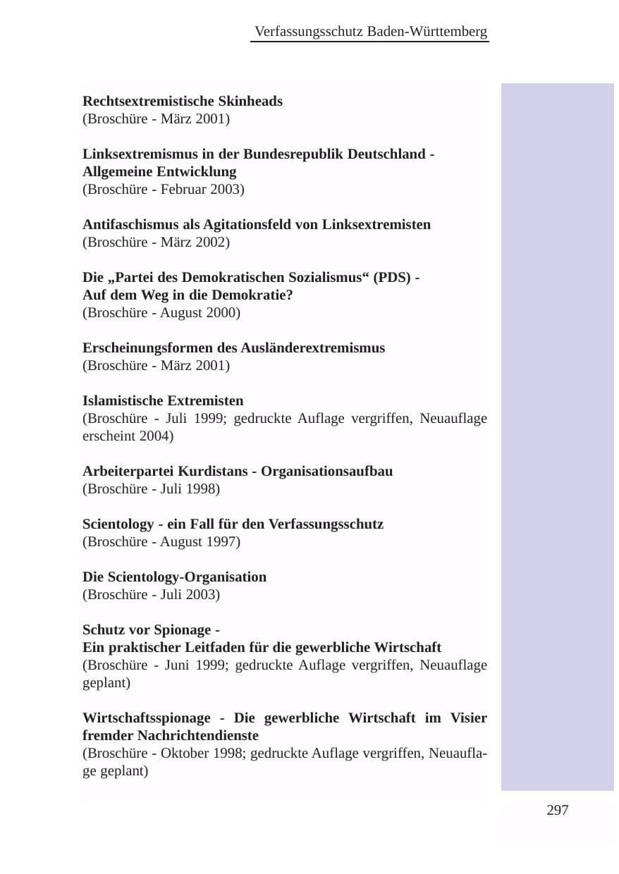 Seite 298 des Verfassungsschutzbericht 2003 Baden-Württemberg
