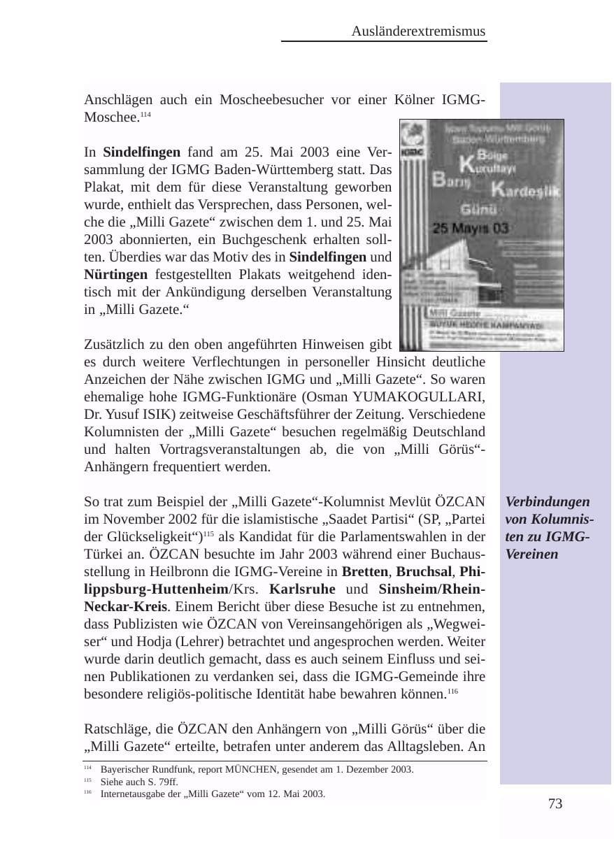Seite 74 des Verfassungsschutzbericht 2003 Baden-Württemberg