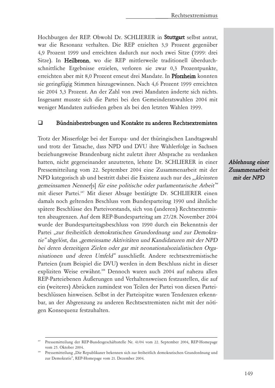 Seite 150 des Verfassungsschutzbericht 2004 Baden-Württemberg