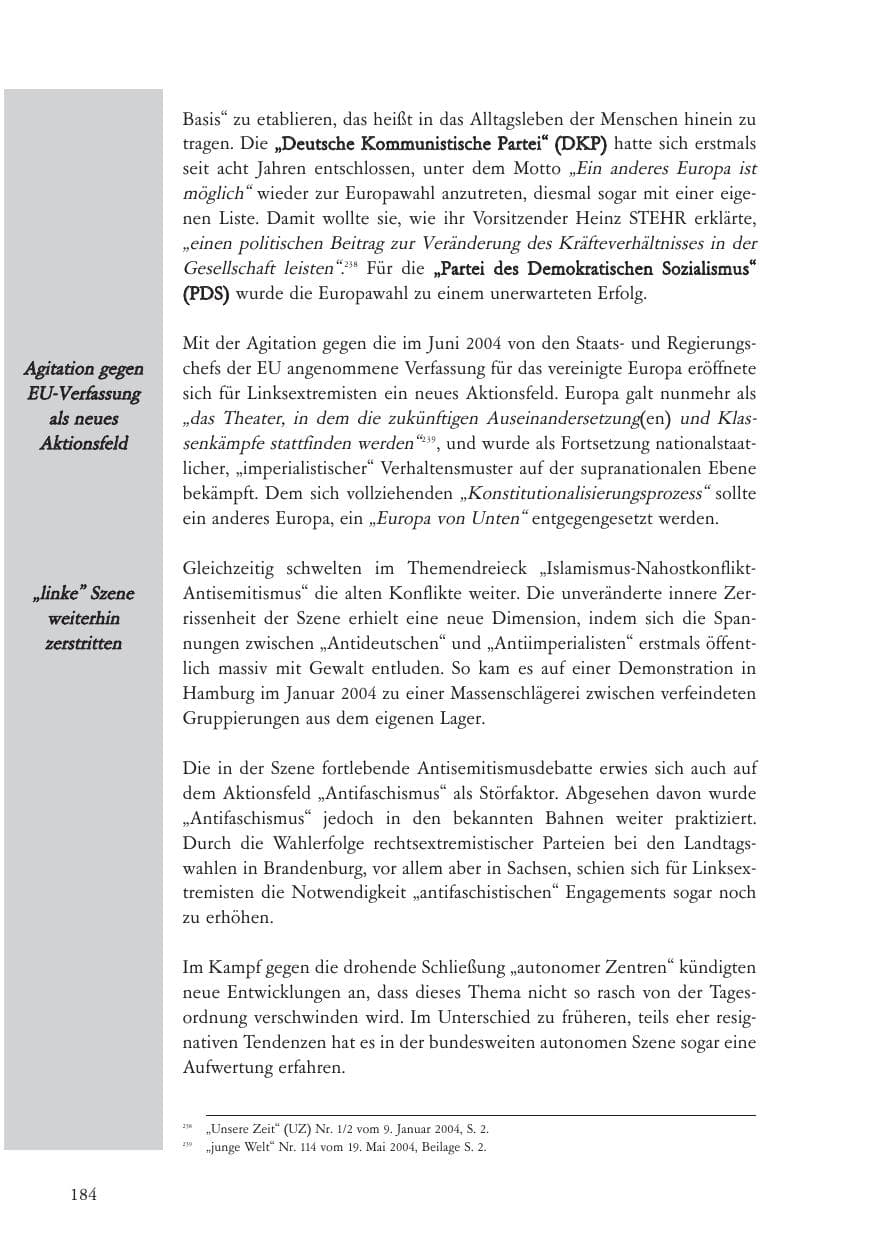 Seite 185 des Verfassungsschutzbericht 2004 Baden-Württemberg
